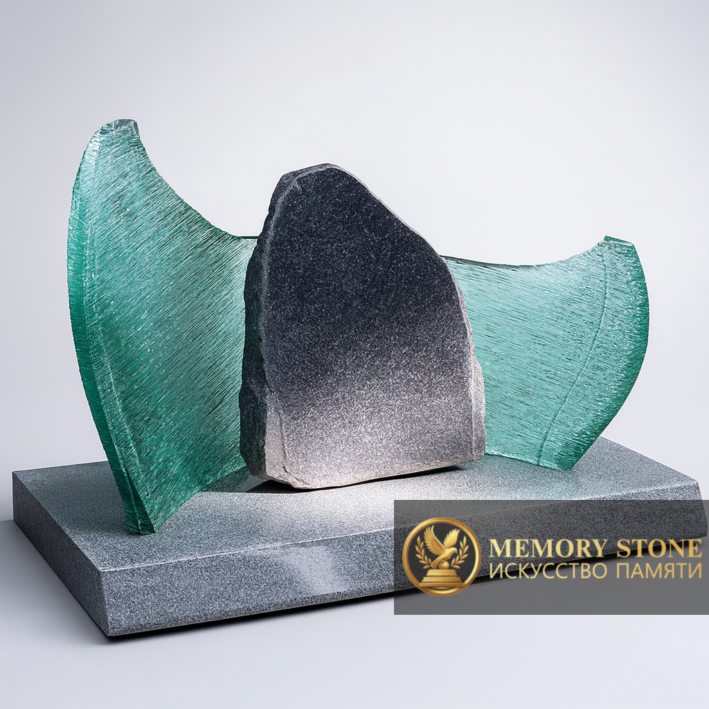 эксклюзивное надгробие из двух стеклянных элементов и камня посередине