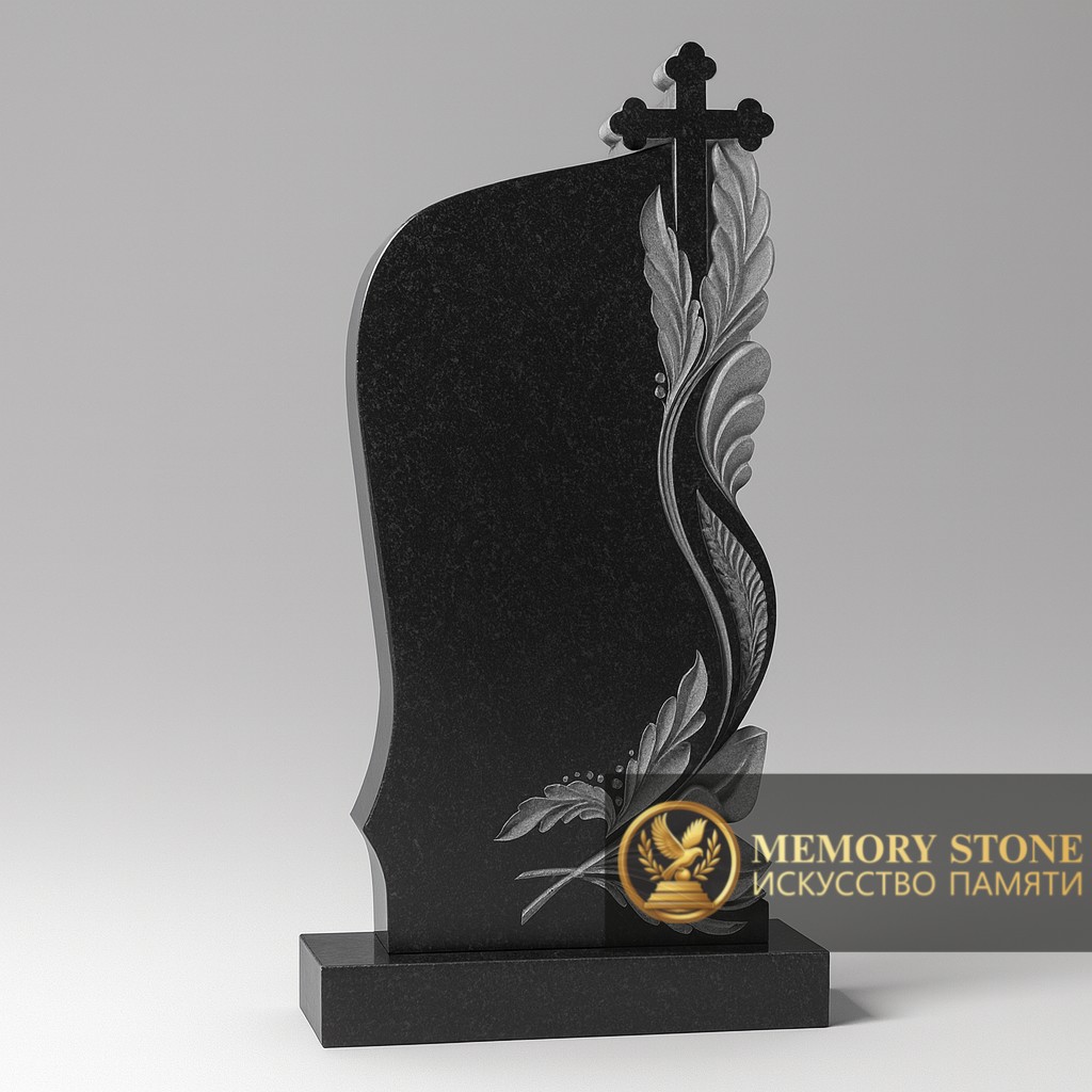 черная плита с большой резной ветвью и крестом на лицевой части