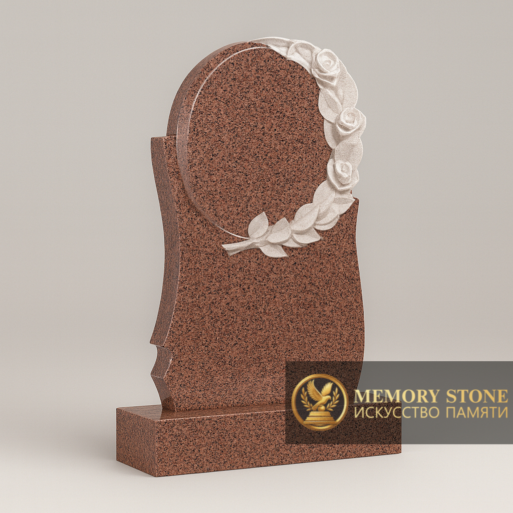 красная ритуальная плита с резными белыми цветами на боковой грани