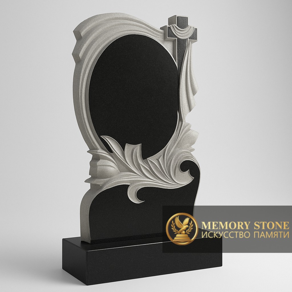 черная ритуальная плита с фигурным верхом и резным узором снизу