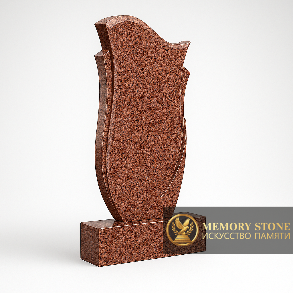 вертикальный памятник красного цвета с барельефом пера на боковой грани