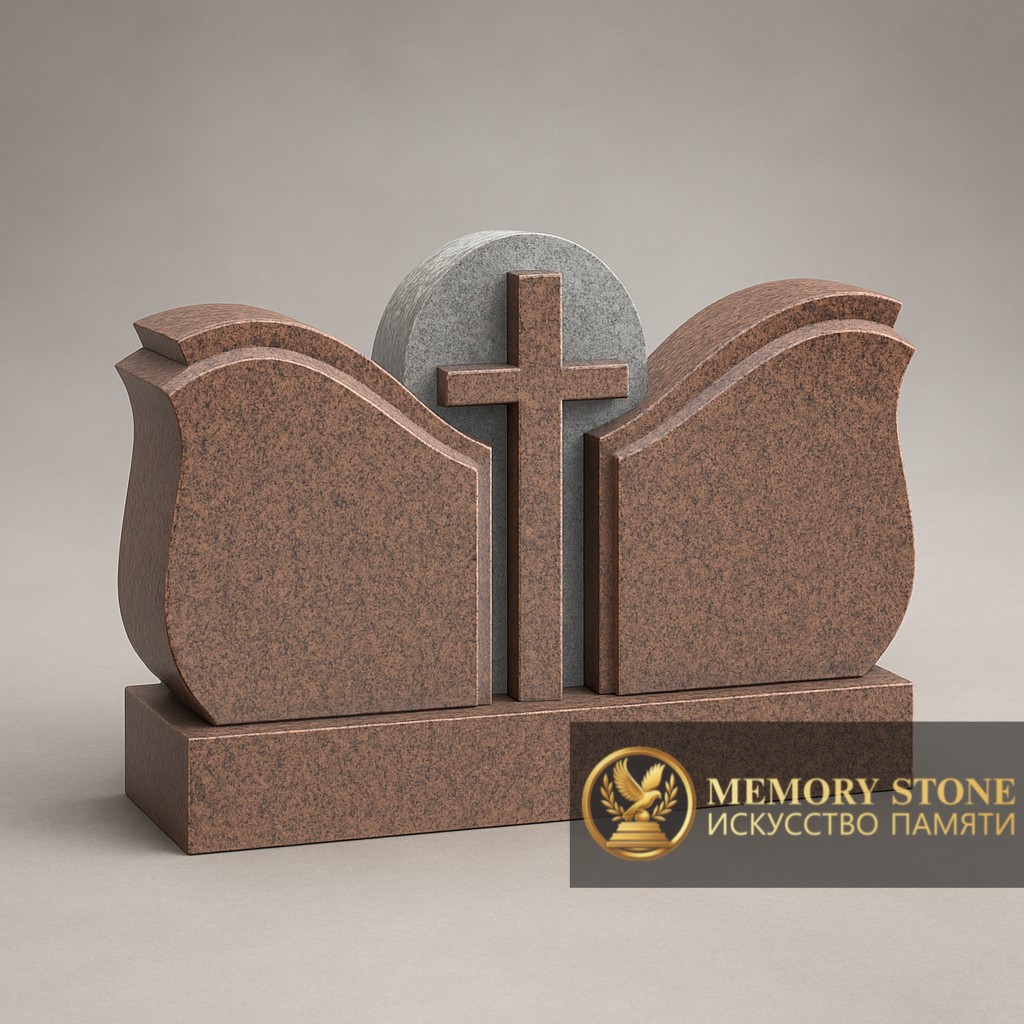 семейный памятник из трех частей красного цвета с крестом посередине