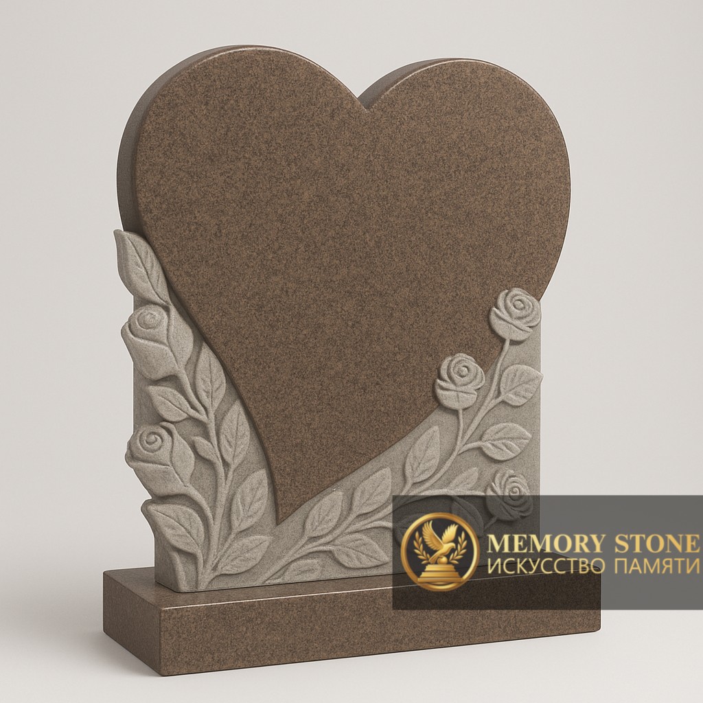 Изысканная плита в виде сердца с барельефом цветов, выполненная из гранита темного теплого оттенка