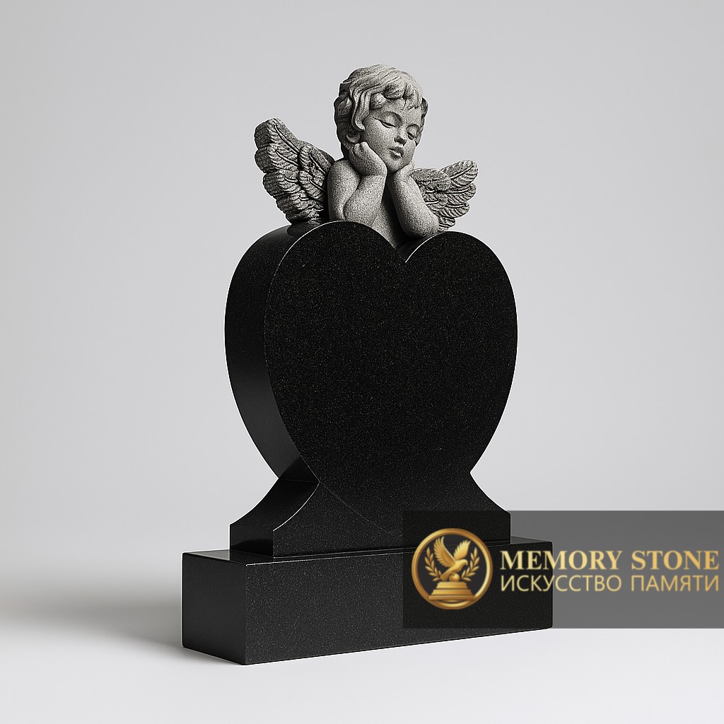 Трогательный монумент в форме сердца с объемной фигурой спящего херувима наверху