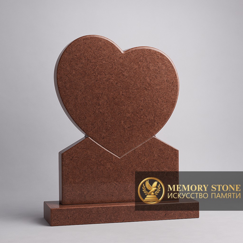Памятная плита в форме сердца из красного камня на строгом постаменте для женщины