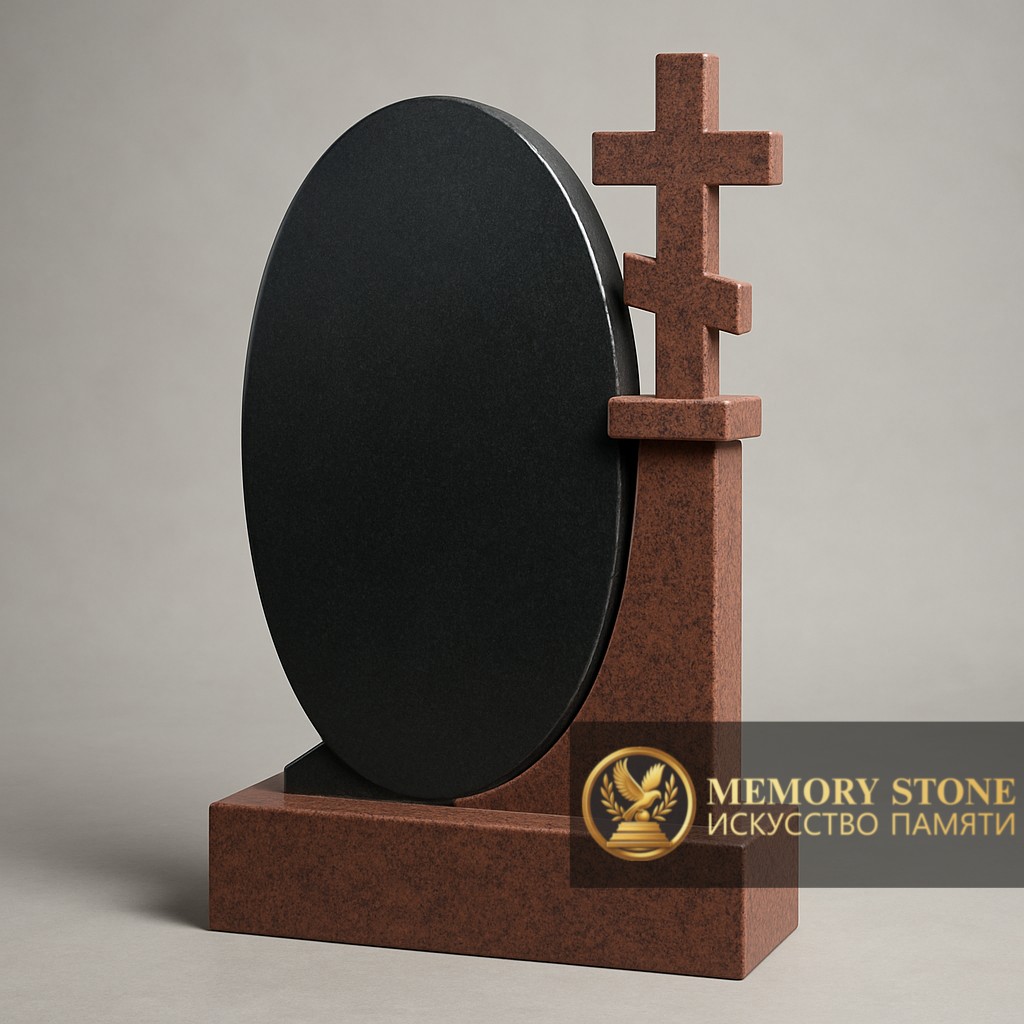 Составной памятник из красного основания с распятием и черного овального медальона