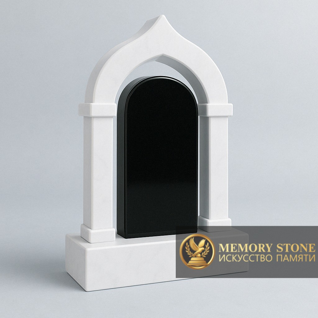 Изысканный памятник-портал из светлого натурального камня с контрастной черной вставкой