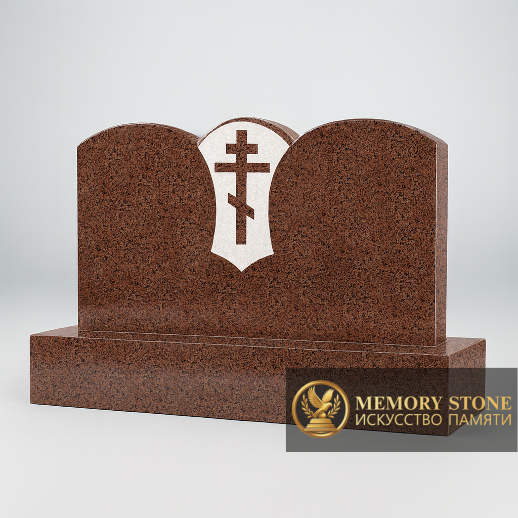 Широкое двойное надгробие из красного камня с прорезным православным крестом по центру