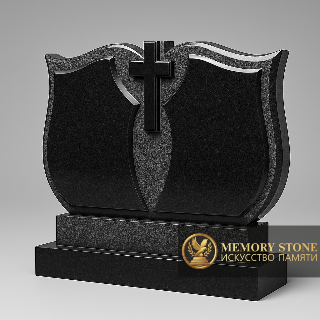 Массивный фигурный памятник для двоих с центральным крестом и декоративной фаской