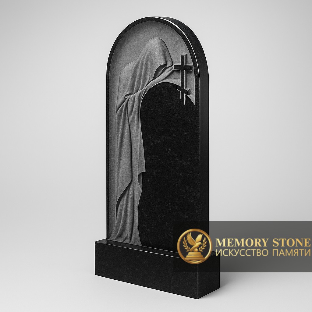Элитная черная стела с объемным барельефом плачущей девы под глубоким арочным сводом
