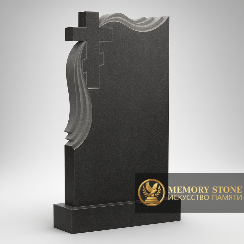 Черная ритуальная плита с резной драпировкой и православным крестом на боковой грани
