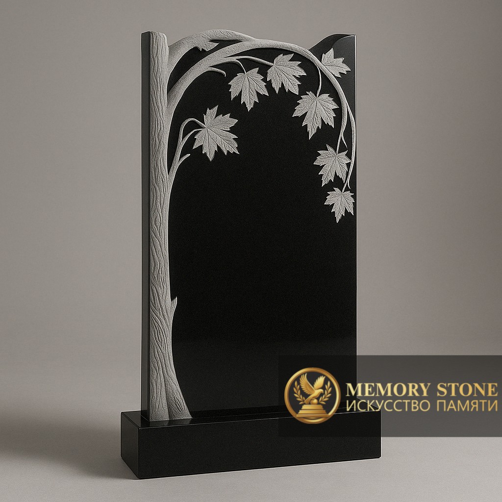 Элитный памятник из габбро с художественной резкой ветвей и листьев клена на боковой грани