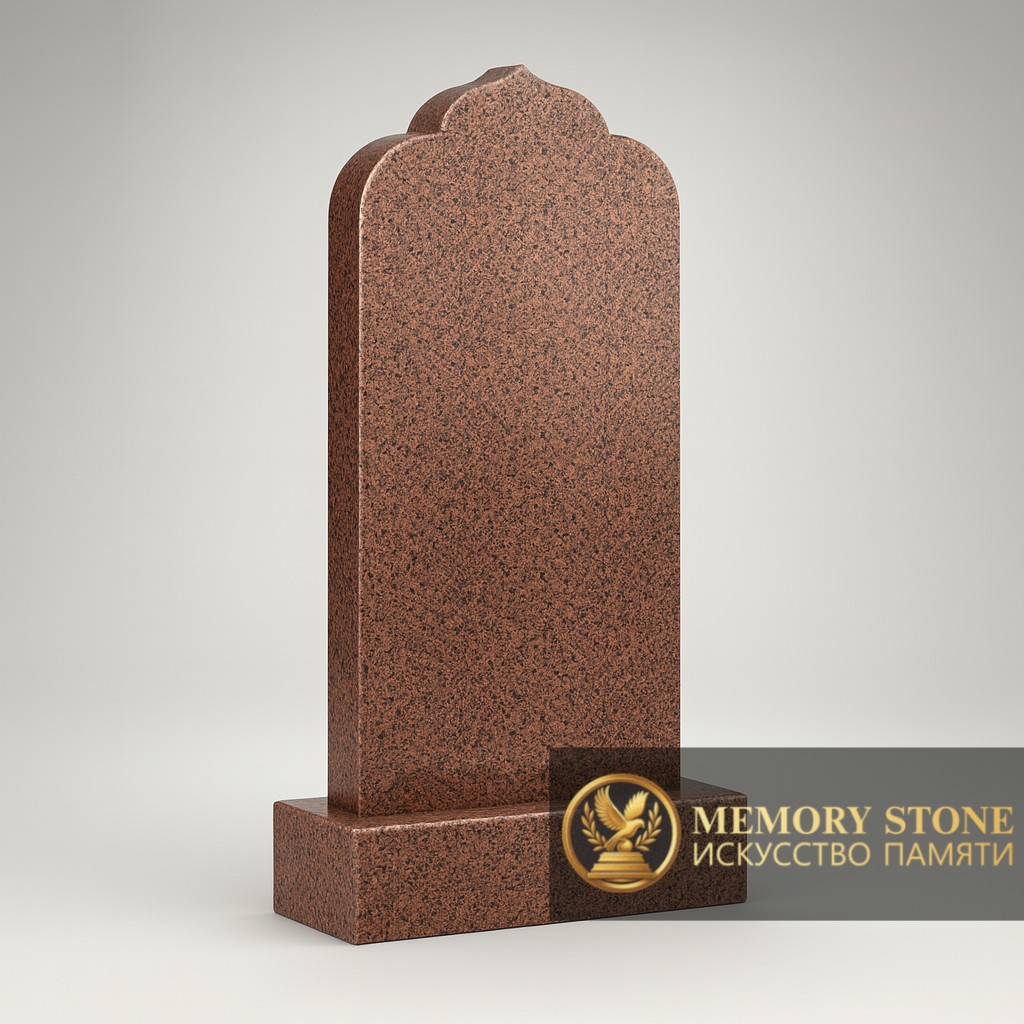 Красный гранитный обелиск с фигурным арочным верхом для оформления исламской могилы