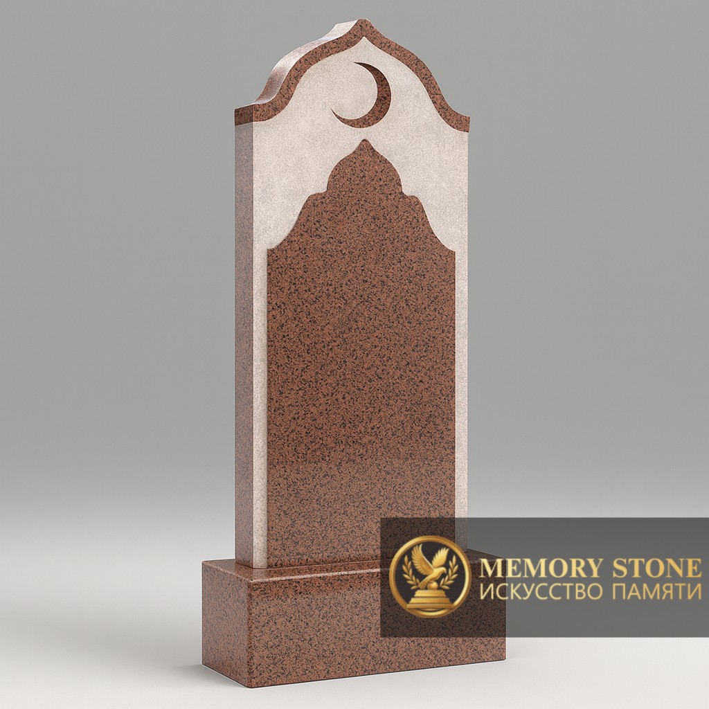 Традиционная красная стела с гравировкой восточной арки и полумесяцем для исламской могилы