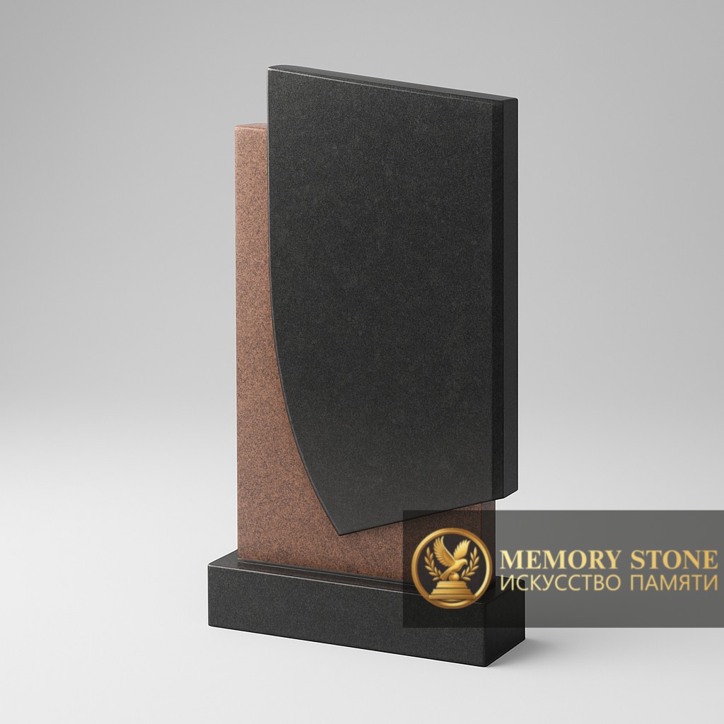 Строгий составной памятник из вертикальной красной плиты и черной стелы на общем основании