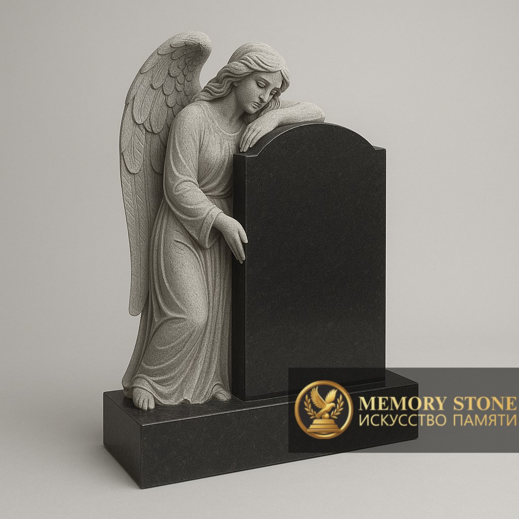 Благородный памятник с объемной фигурой ангела из светлого камня, склонившегося на черное сердце