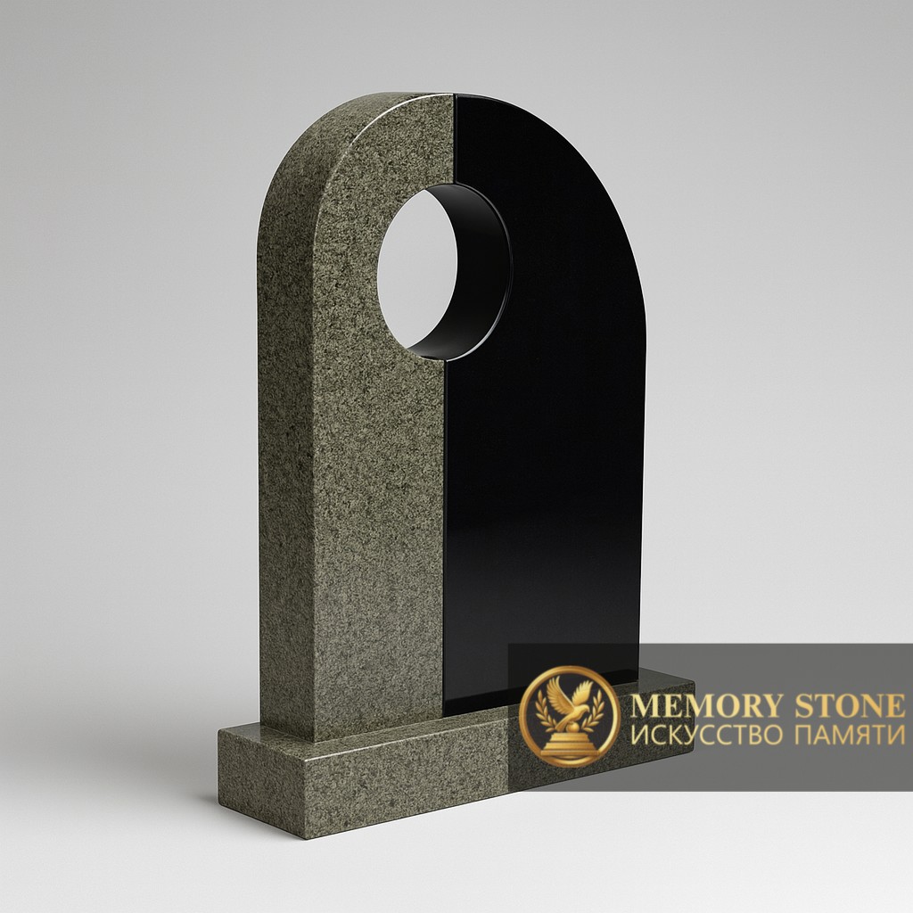 Современная комбинированная стела изумрудного и черного цвета с круглым сквозным отверстием