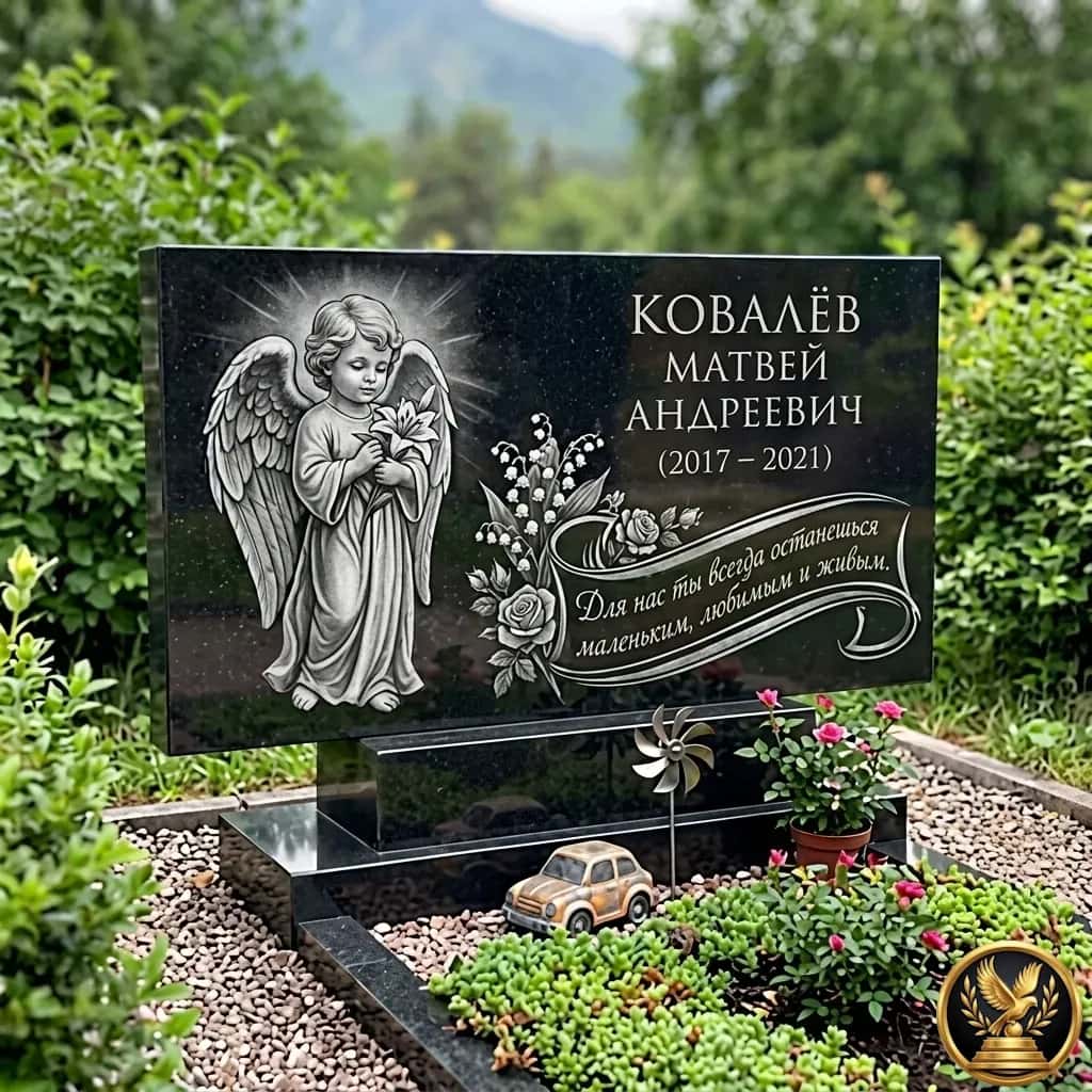 Строгий памятник на могилу ребенка с гравировкой на заказ в Алматы